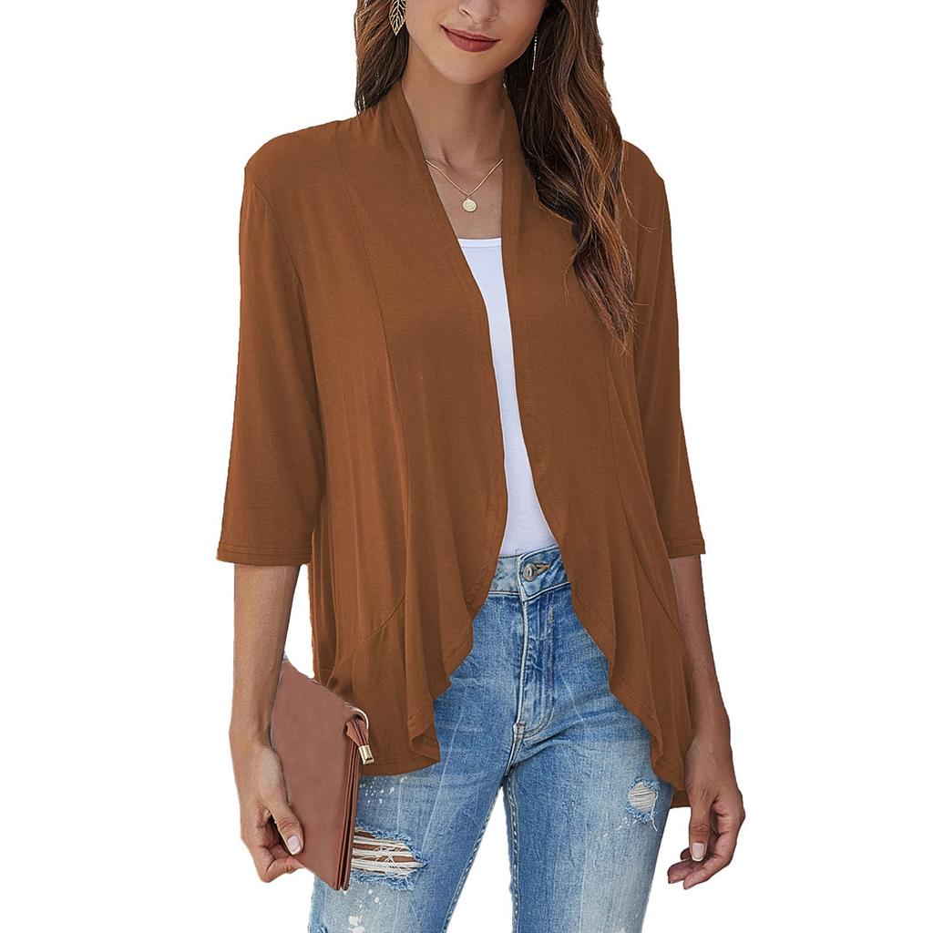 Women's Fashion Casual Seven Minute Sleeve Color Ruffle Cardigan Top