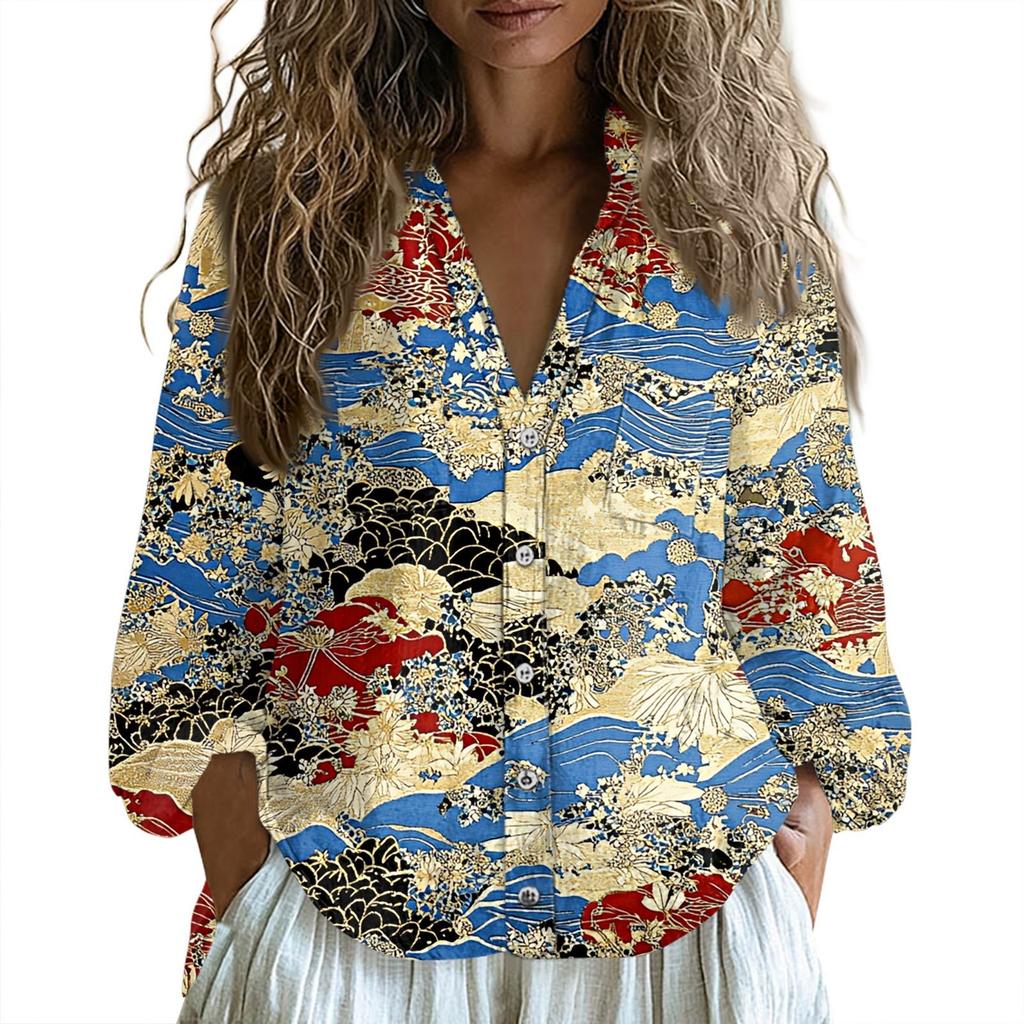 Topuri Dama Bumbac In Cămăși cu Mânecă Lungă Largi Gât în V Tricouri Boho Bluze Vintage