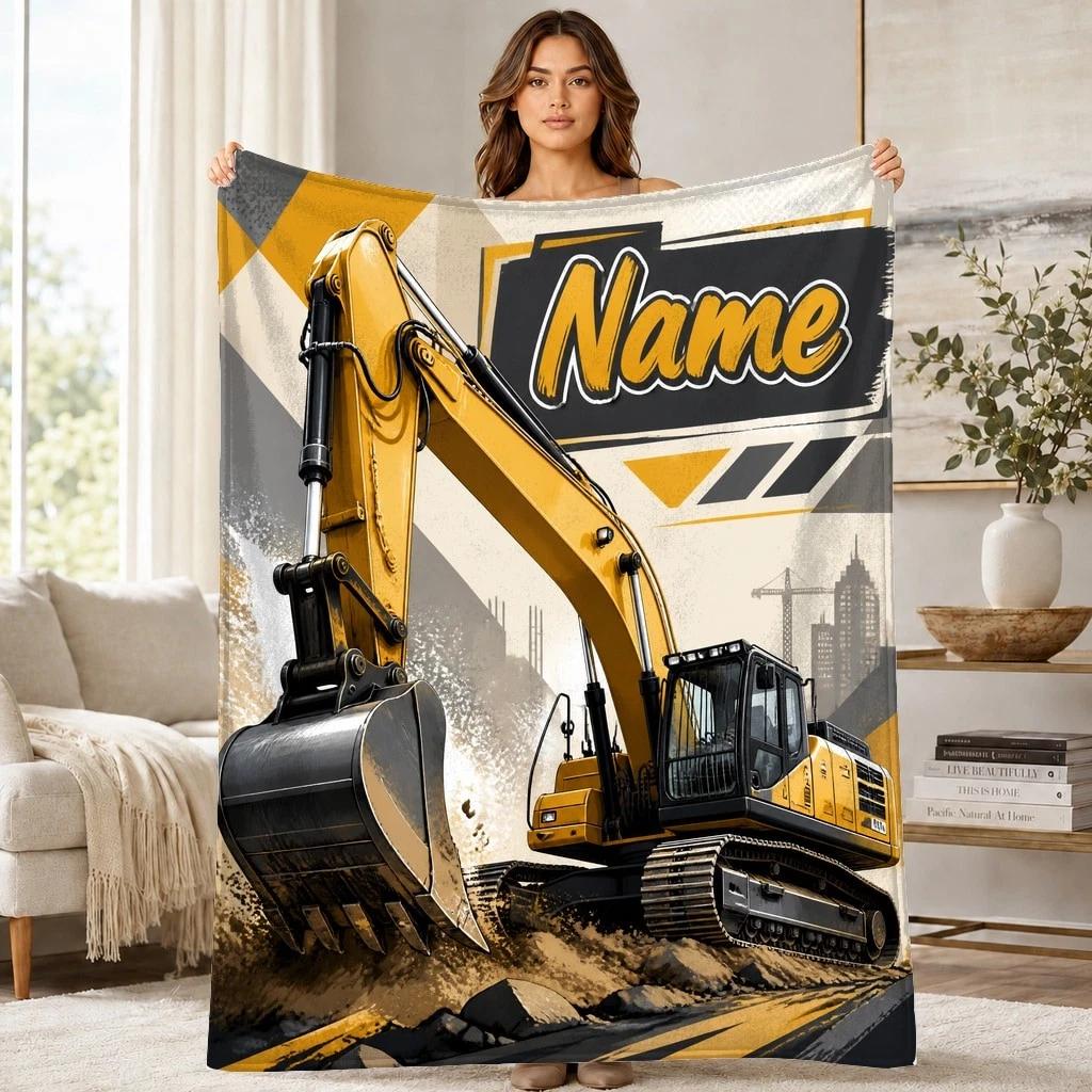 Yellow Excavator Name Text Coral Fleece Blanket Construction Decor