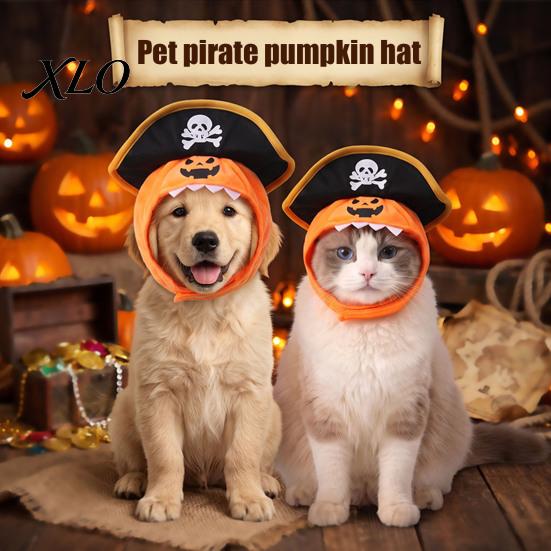 Soft Fabric Pet Costume Cat Pumpkin Pirate Hat, Halloween Cozy Funny Comfortable Kitten Winter Cap Cosplay Hat for Cats, Small Dogs, Holiday