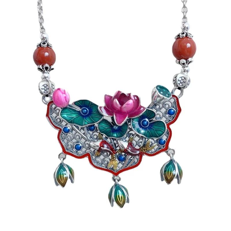 Fresh Classical Colored Enamel Lotus Leaf and Flower Tassel Necklace Pendant for Women Clavicle Chain Jewelry