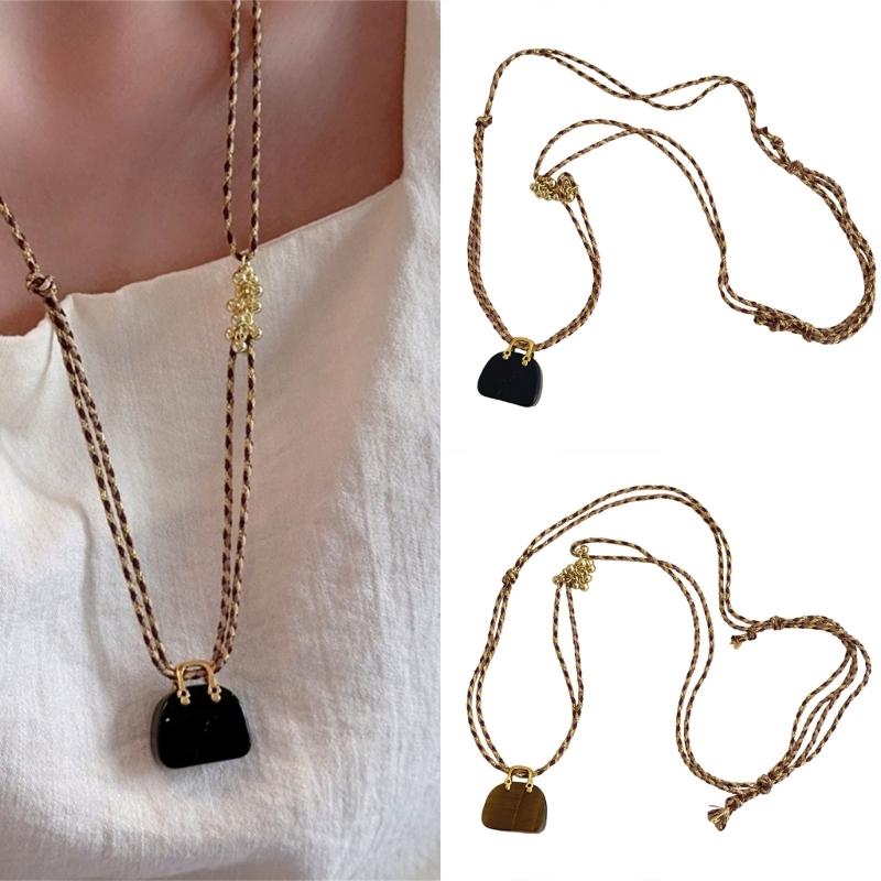Unique Bohemian Design Handcrafted Rope and Tigers Eye Stone Chokers Bag Necklace Lightweight Comfort for Everyday Wear Gift