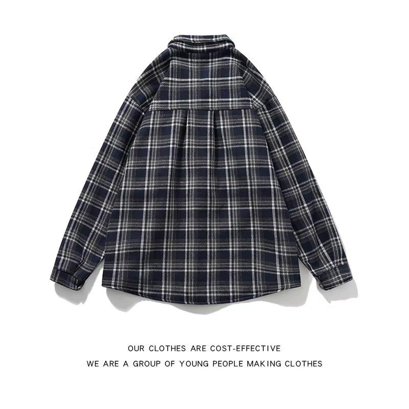 2024 Spring and Autumn Japanese Style Retro Plaid Long Sleeve Shirt Boys and Teenagers Feel Ruan Handsome Thick Wool Shirt Coat