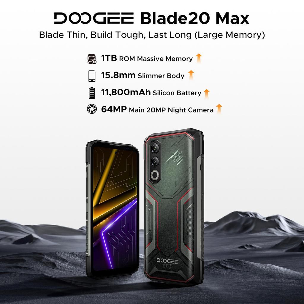 Doogee Blade 20 Max Android 15 Odolný smartphone, 36 GB + 1 TB ROM/TF 2 TB, 11800 mAh/33 W, 6,6 palce 120 Hz + 64 MP, 3 sloty na karty/4G SIM/NFC/GPS/ID obličeje