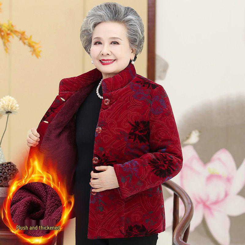 Fleece-Lined Winter Jacket for Middle-Aged and Elderly Women: Grandma Style, Thickened Cotton, Two-Piece Set (Top and Jacket).