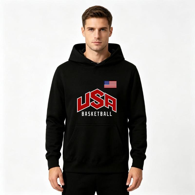 Adult Men's USA Basketball American Flag DTF Print Hoodie Casual Long Sleeve Pullover Hooded Sweatshirt Daily Street Sports Loose Warm Tops