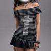 Summer punk retro street cross hot diamond one shoulder striped slim fit top