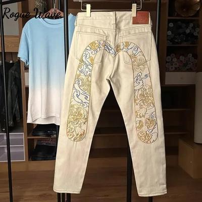 RogueWave Herren Cowboyhose Stickerei Hose Gerade Beige Jeans für Männer Grafik Stacked Mode Y2k Vintage Ästhetik Lockere Hose