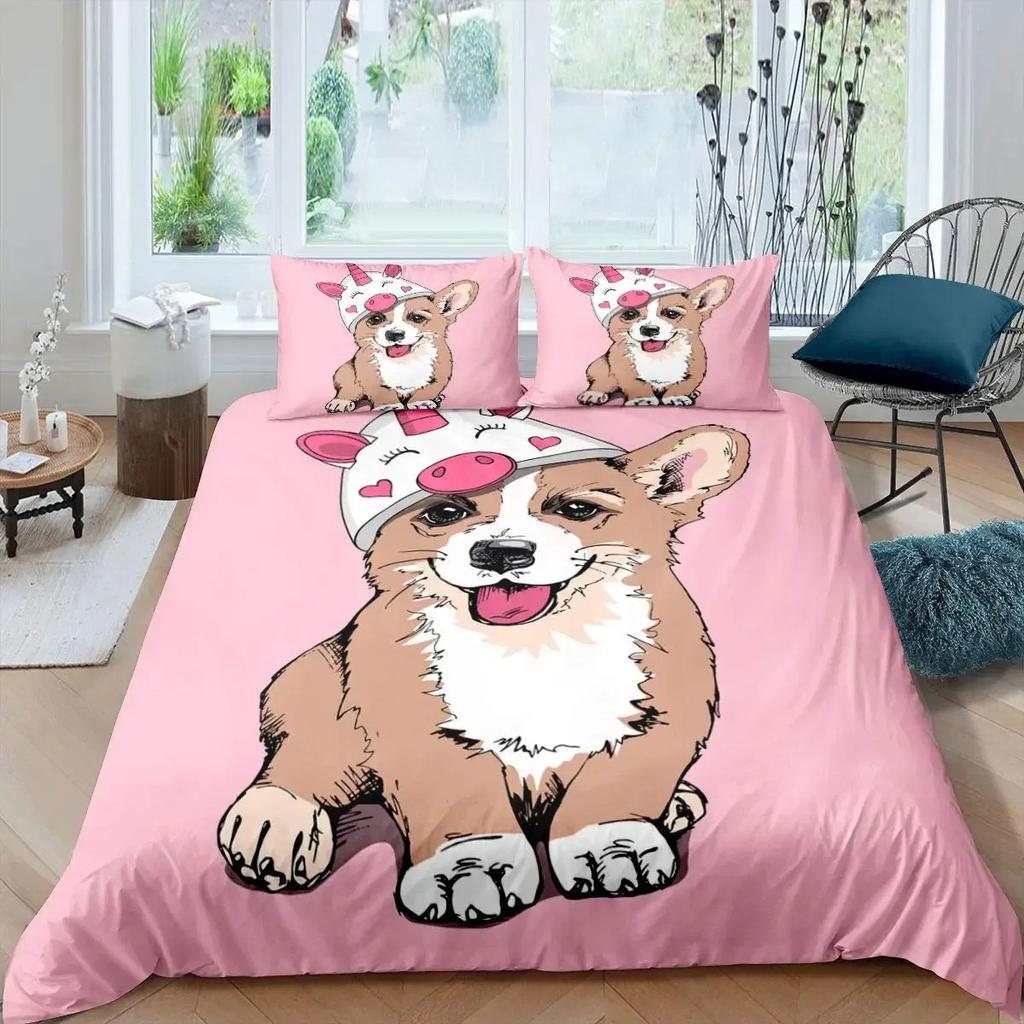 Set Lenjerie de Pat pentru Copii Câine Corgi Mărime King Queen Set Husă Plapumă Cățeluș Drăguț Desen Animat Animal de Companie Husă Plapumă Microfibră Husă Plapumă