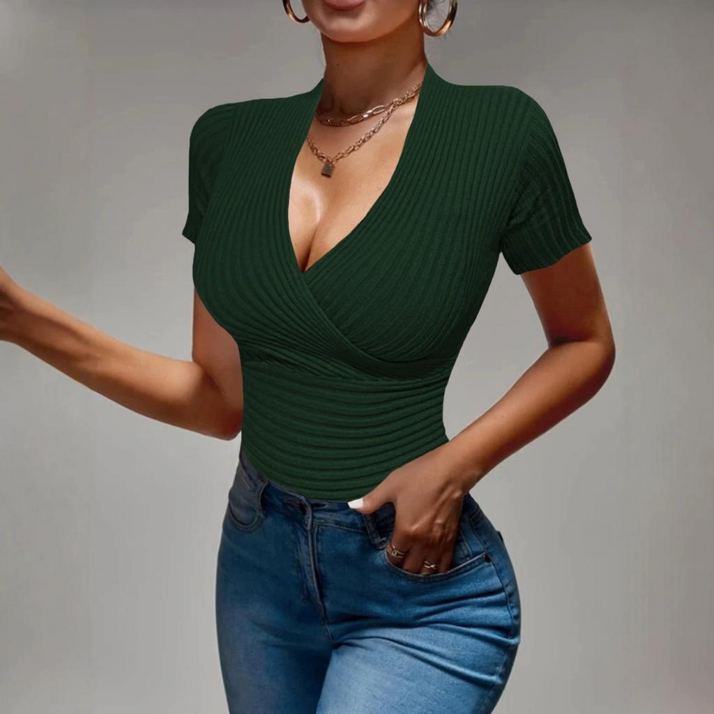 Women's Fitted V-Neck Ribbed Knit Top for Casual Everyday Wear