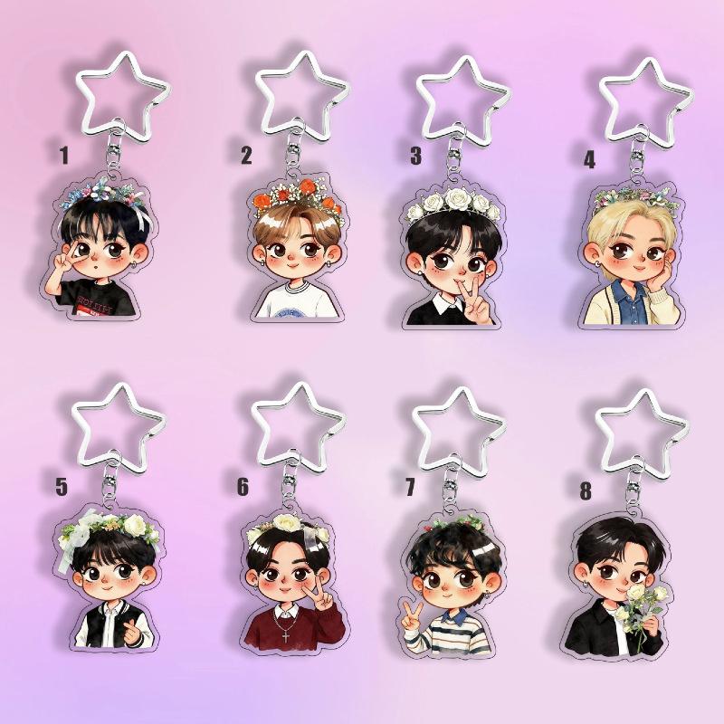 8 Stück Kpop Stray Kids Mitglied Acryl Schlüsselanhänger Kawaii Blumen Stirnband Chibi Cartoon Schlüsselanhänger für Taschen Rucksäcke, SKZ Merch STAY Fans Sammlung Geschenk