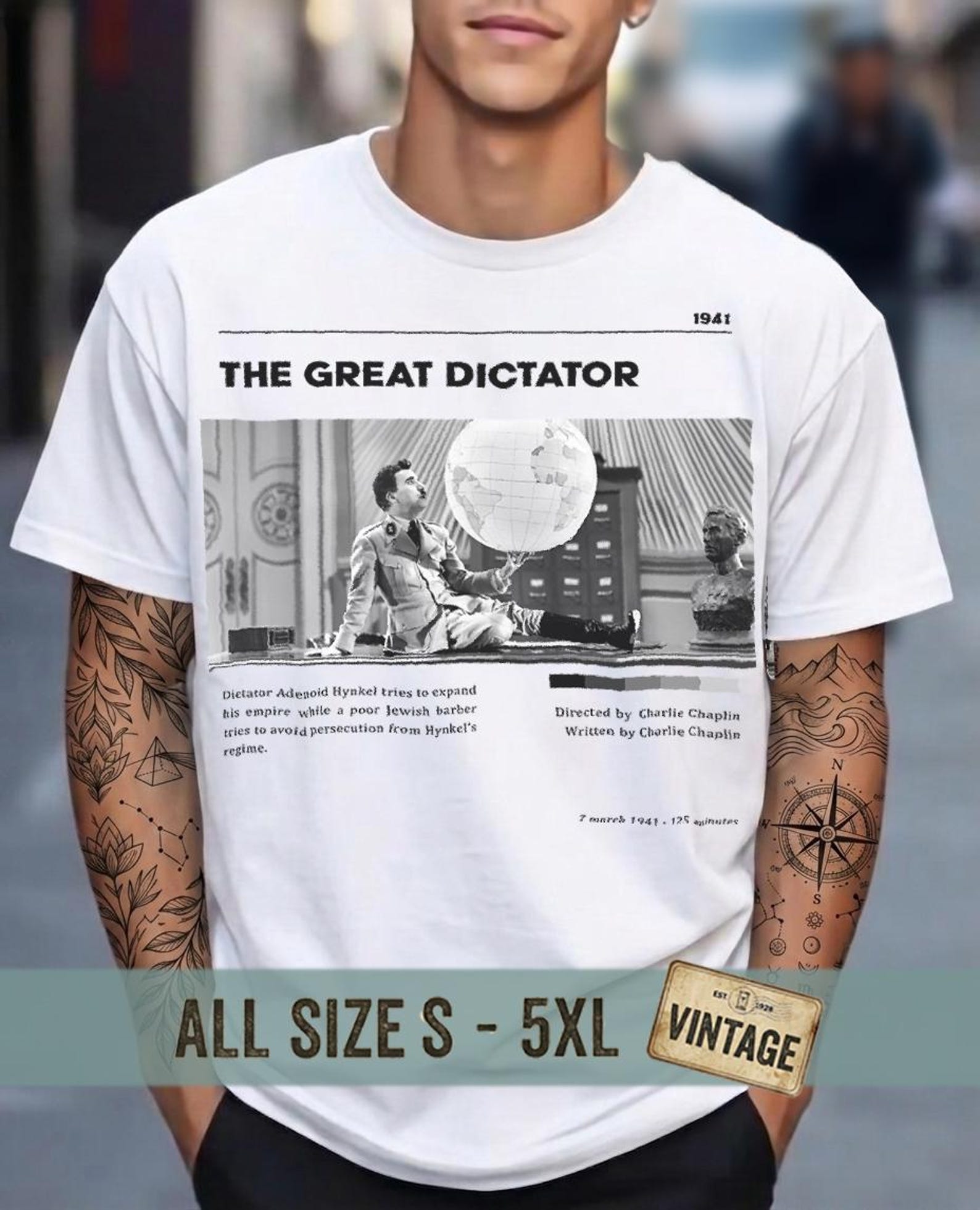 The Great Dictator Shirt, Charlie Chaplin Vintage T-Shirt, Classic Cinema Graphic Tee, Cinephile Gift, Old Hollywood Movie Fan Clothing 4XL