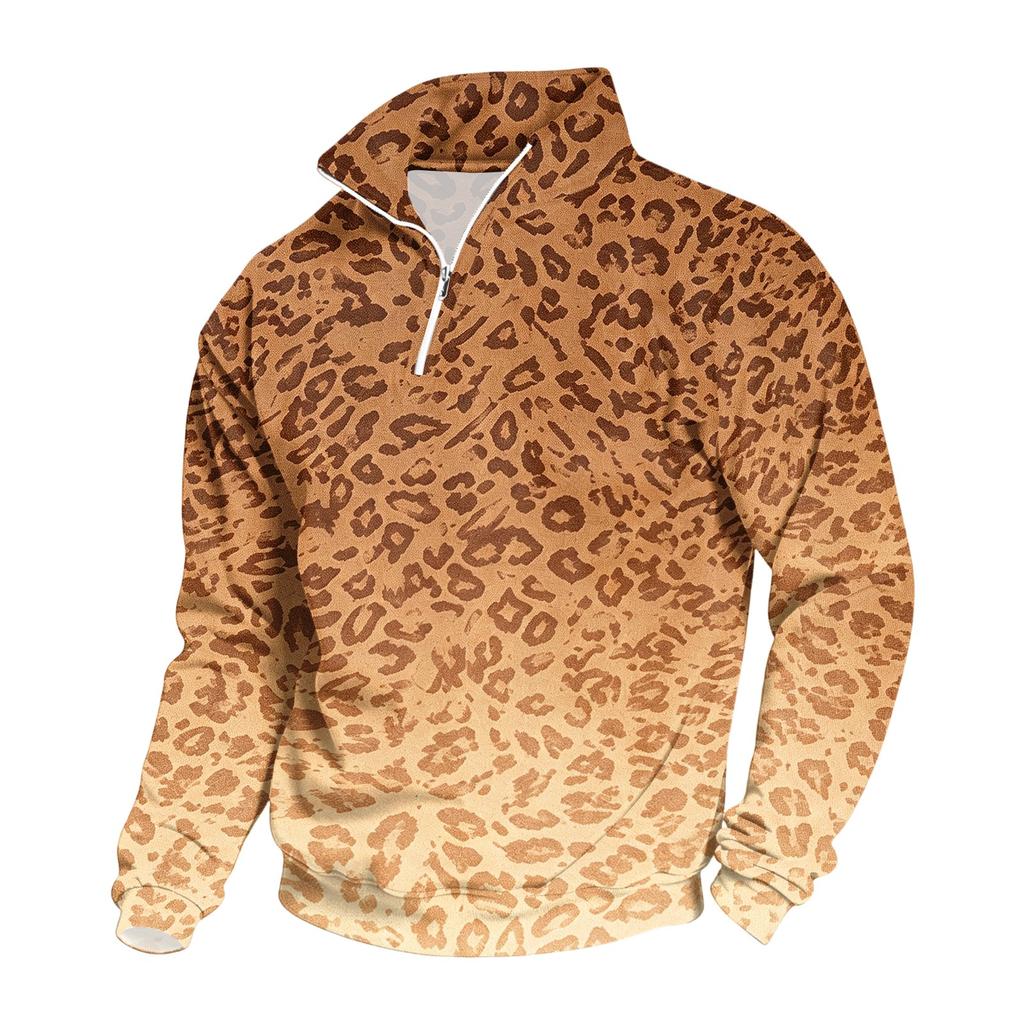 Felpa Casual da Uomo con Zip a 1/4 e Collo Alto con Stampa Leopardo per l'Uso Quotidiano