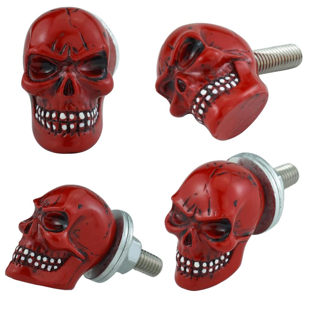 Abfer Skull License Plate Fasteners Car License Plate Frame Bolts 4Pcs Anti Theft Screws Bolt Kit Fit for Most Vehicle Trucks Motorcycles (Red)