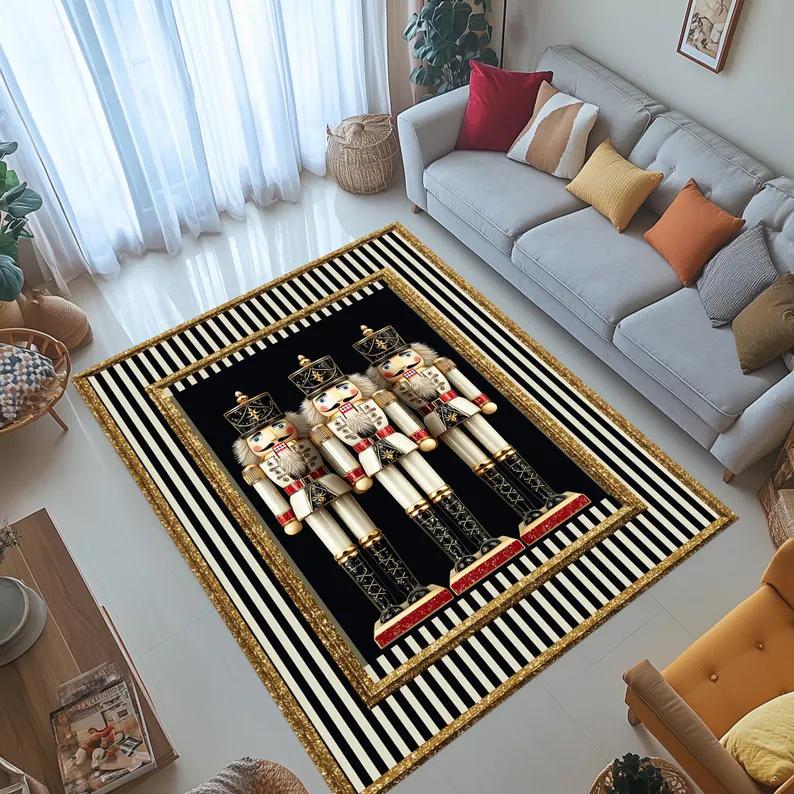 Nutcracker Soldiers Carpet Mat Rug Black White Stripe Gold Trim Vertical Arrangement Festive Home Decoration for Living Room