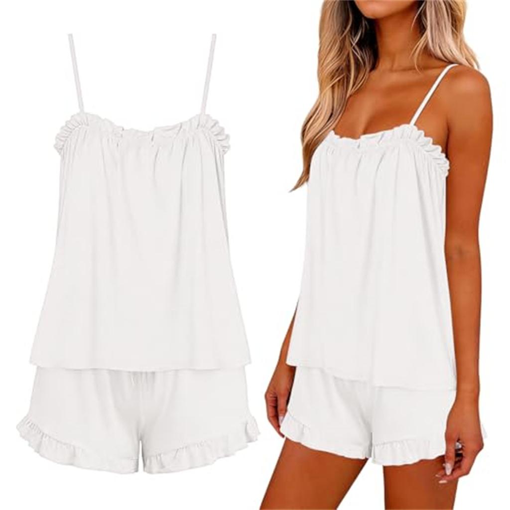 Women's Casual Two Piece Pajama Set Lightweight Sleeveless Top with Adjustable Straps and Elastic Waist Shorts Soft Lounge Sleepwear