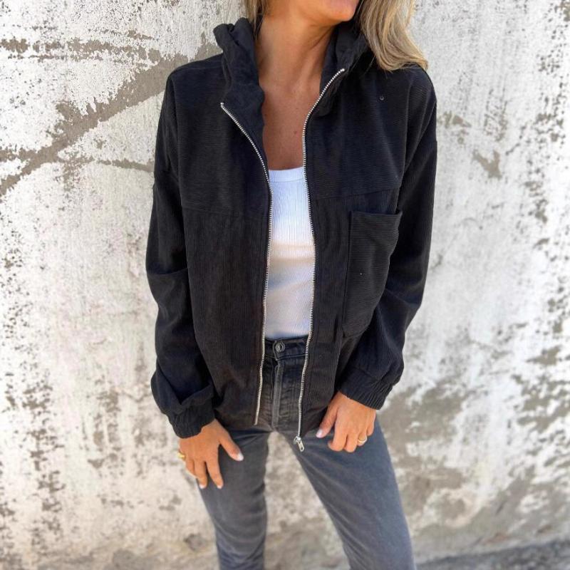Autumn New Solid Color Simple Style Corduroy Hooded Jacket for Women