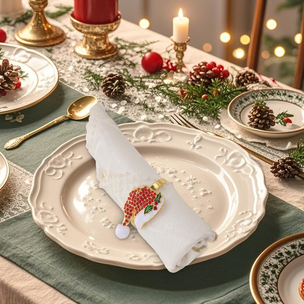 Zinc alloy Christmas napkin ring with diamond accent in Christmas hat shape suitable for festive table settings