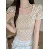 bm pure desire floral summer short-sleeved T-shirt generous collar hem curved slim and thin daily versatile short top