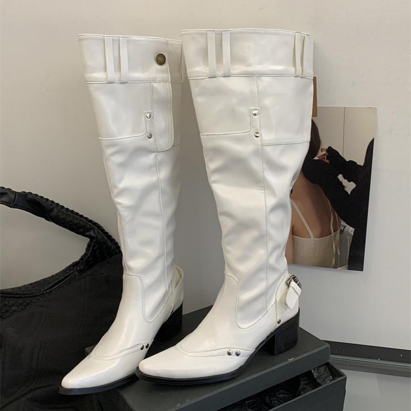 Fashion Eilyken 2025 New Fashion Pointed Toe Women Knee-High Boots Design Button Strap Square Low Heels Party Dress Shoes