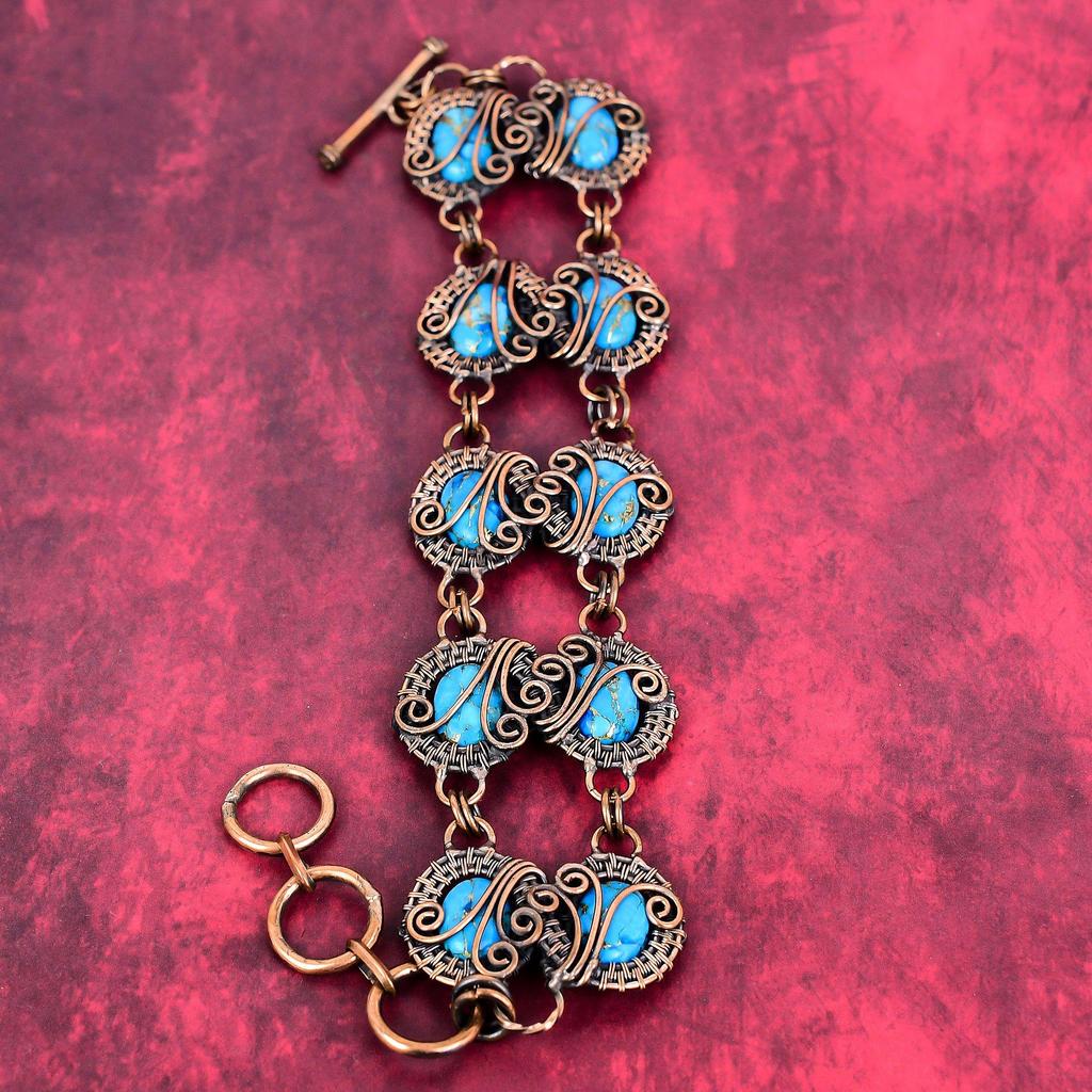Copper blue turquoise bracelet copper wire wrapped adjustable chain bracelet natural gemstone handmade bracelet copper jewelry gifts for mom