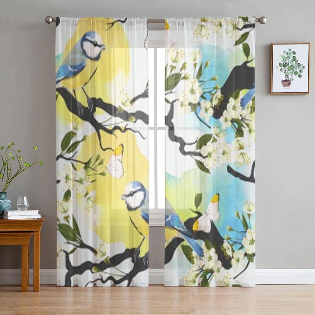 Blooming Cherry Branch Sheer Curtains For Living Room Modern Fashion Valance Curtains For Kitchen Tulle Curtains