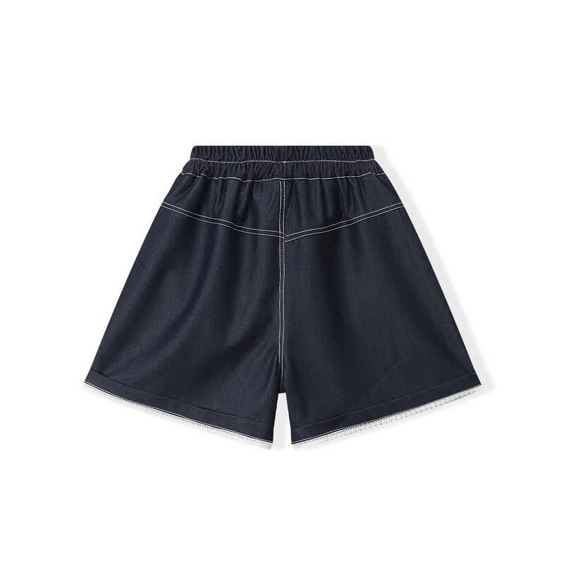 Mengtejiao Girls' Summer Lace Trim Faux Denim Shorts