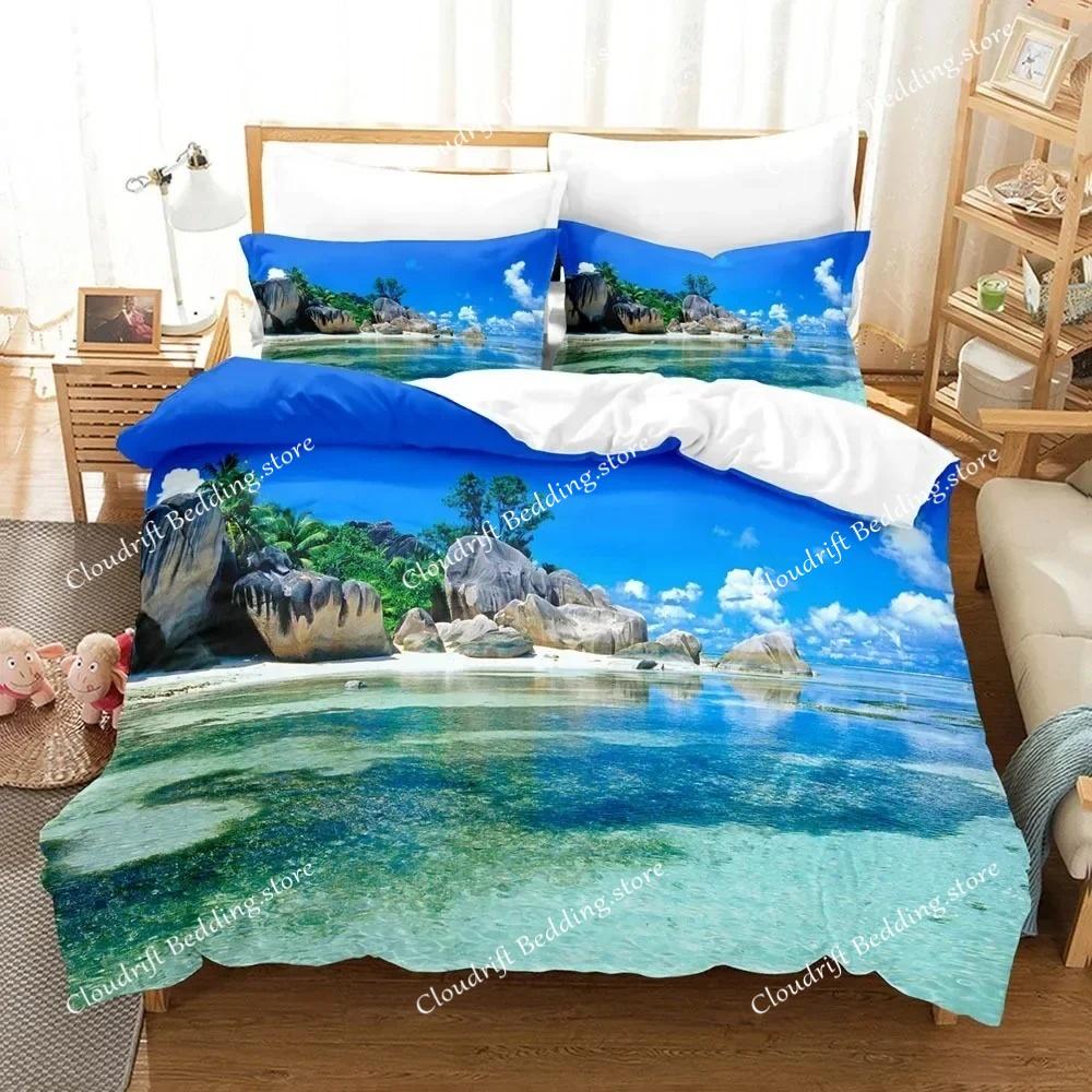 3D Landscape Duvet Cover King Full Size Summer Palm Trees Beach Sea Waves Ocean Theme for Kids Girl Boys Polyester Bedding Set