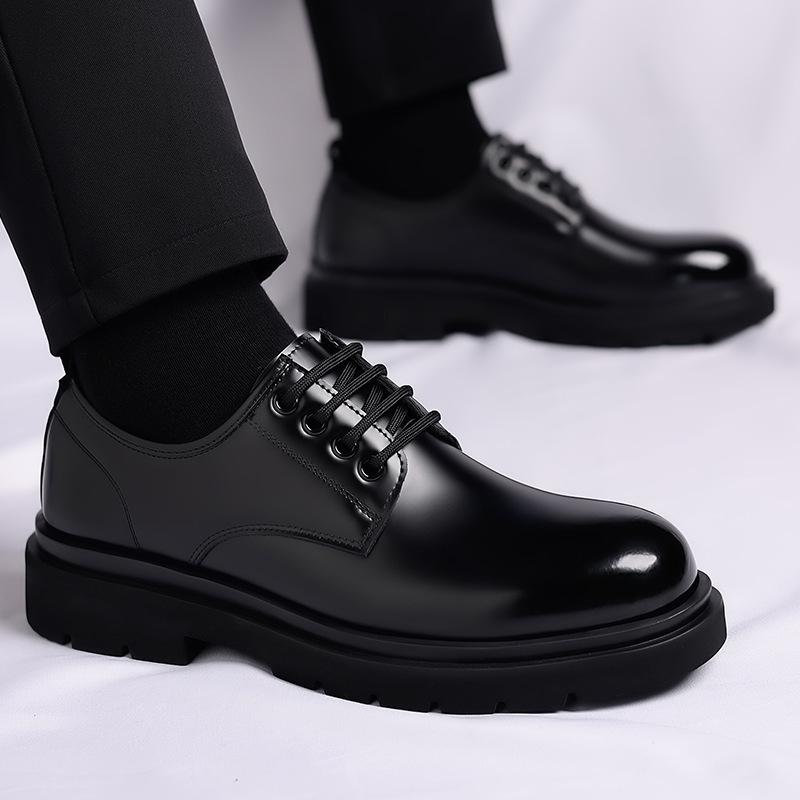 Men's Black Leather Derby Shoes, Casual Spring Style with Thick Soles, Low-Top Formal Wedding Martin Boots.
