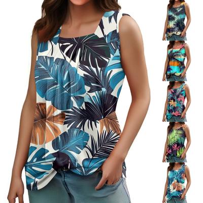 Damen Sommer Casual Plissee Quadratischer Ausschnitt Ärmelloses Tank Top Bedrucktes T-Shirt