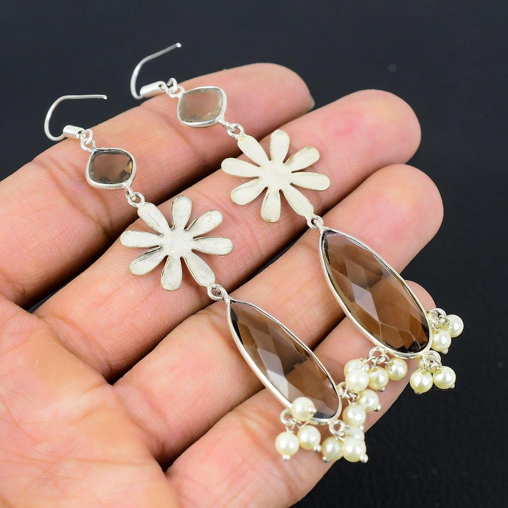 Smokey Quartz Gemstone 925 Sterling Silver Artisan Birthday Drop Dangle Earrings