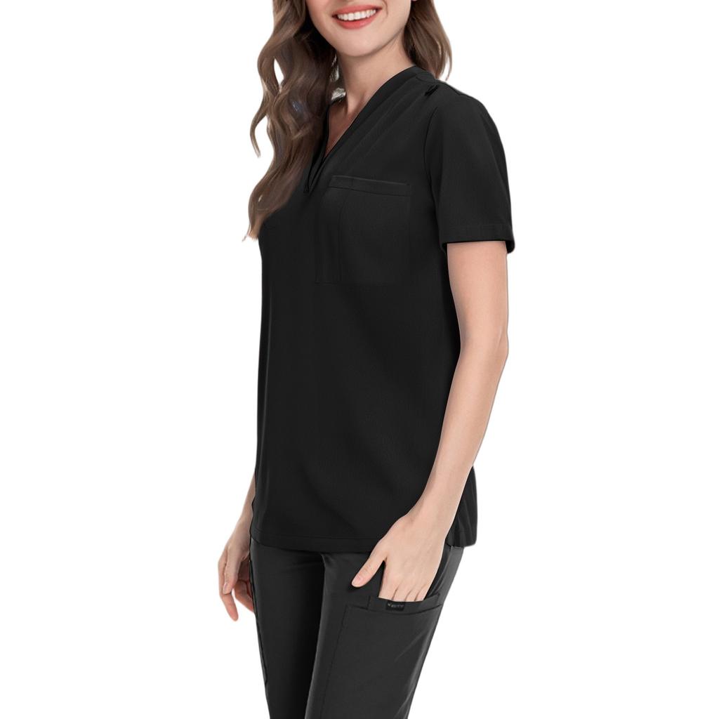 Ladies' Lightweight Solid Color V-neck Pocket Side Slit Short Sleeved Shirt