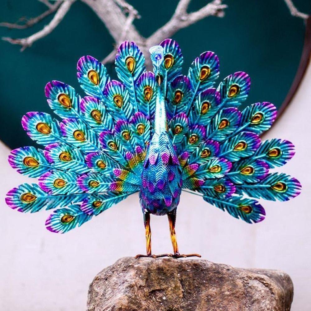 Iron Art Open Screen Peacock Statue Detachable Animal Miniatures Figurine  Patio