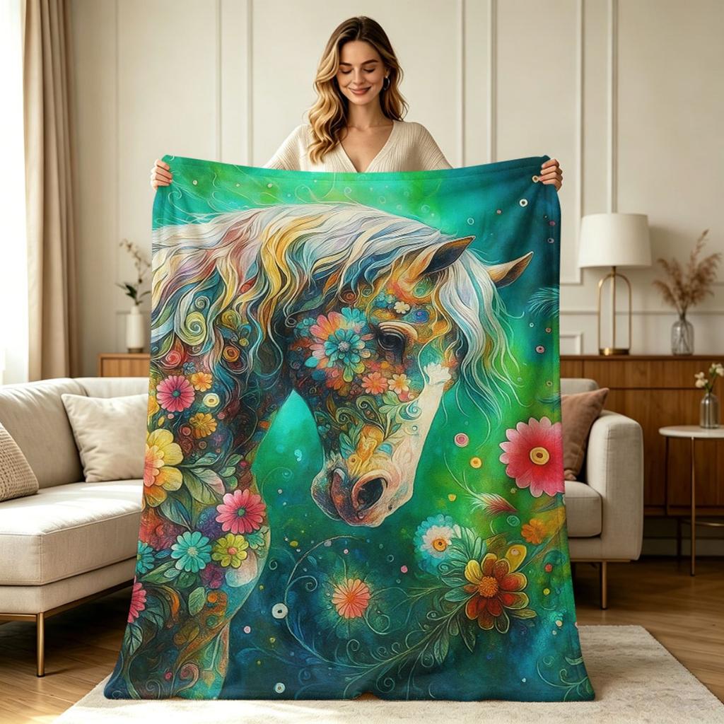 For All Season Flannel Blanket with Bohemian Floral Horse Print Soft Warm Cozy Throw Blanket for Couch Sofa Living Room Bedroom Office Home Decorative