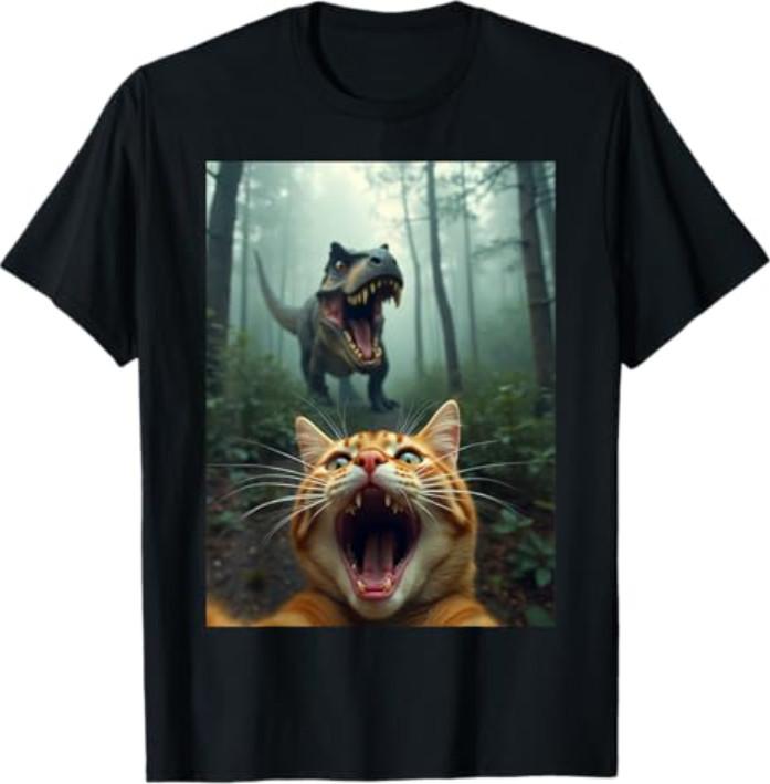 Cat Selfie with T-Rex Dinosaur T-Shirt S разноцветный