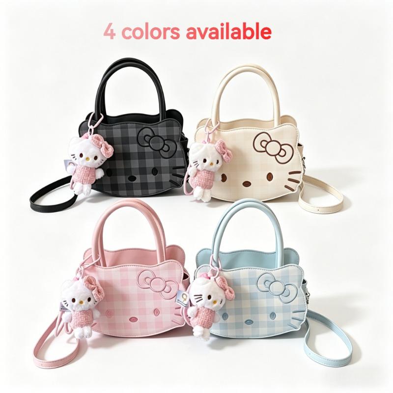 Miniso Fashionable Women's Shoulder Bag Plaid Pattern Women's Shoulder Bag with Pink KT Cat Pendant