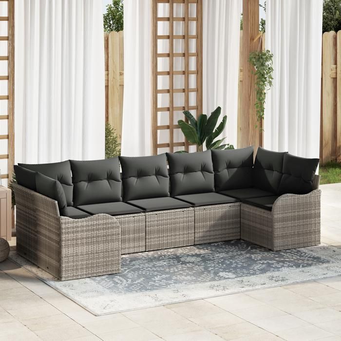 Ensemble de canapés de jardin 7 pièces avec coussins gris clair poly rotin, Canapé de jardin 2 places avec coussins gris 3345852