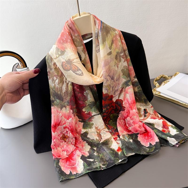 Literary style printing flower cutting spring and summer silk scarf large long scarf high sense travel shawl sun protection women's scarf headscarf