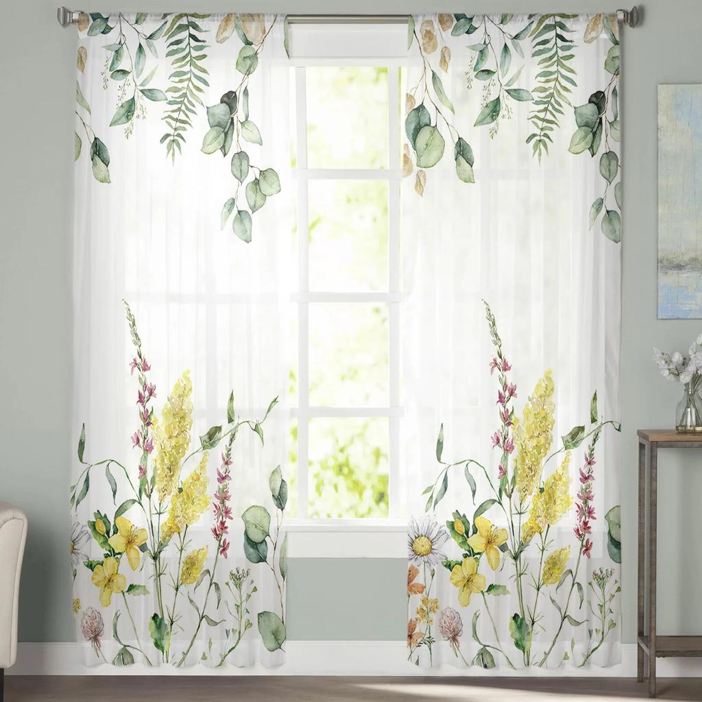 Frühlingspflanze Kamille Eukalyptus Schlafzimmer Transparente Gardinen Urlaubsdekoration Fenster Voile Tüll Vorhang
