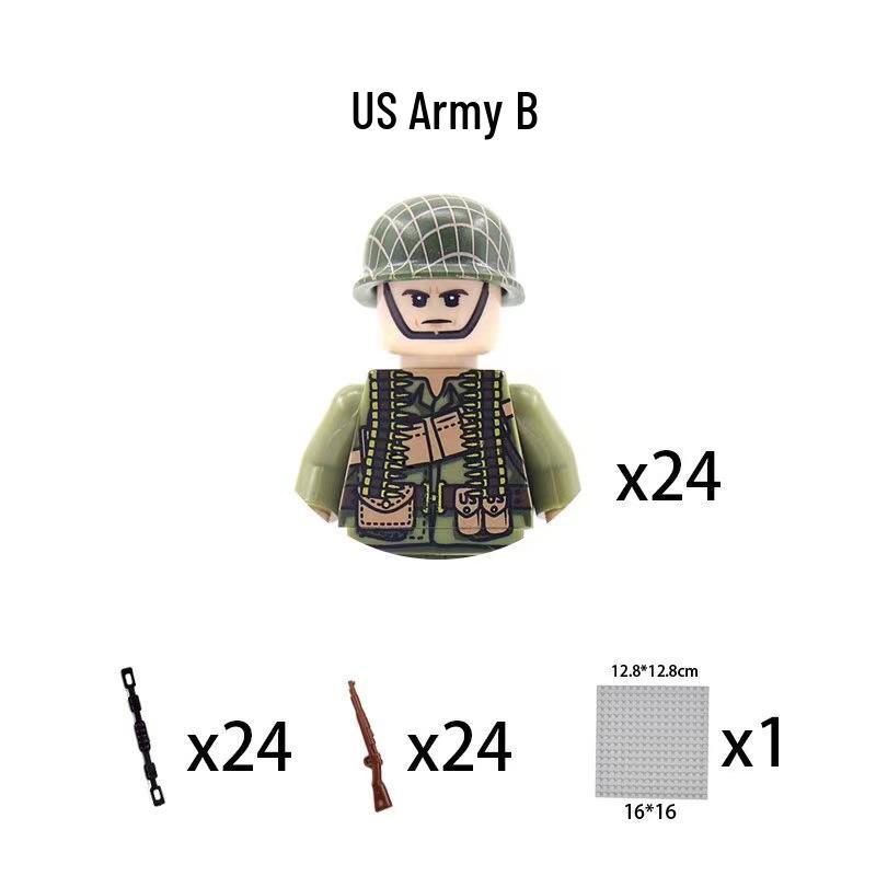 WWII Military Series Building Blocks: Figure Set with Weapons, Rifles & Sandbags