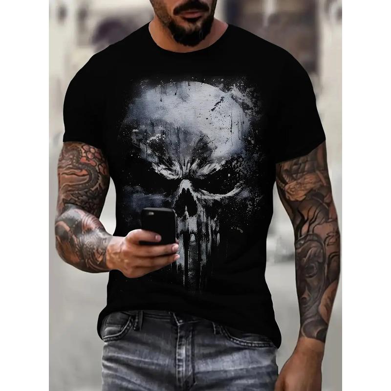 Męska koszulka gotycka z nadrukiem czaszki, rozmiar europejski - krótki rękaw, casualowa, z okrągłym dekoltem, z zadziornym wzorem kości, można prać w pralce, całoroczna góra do stylizacji