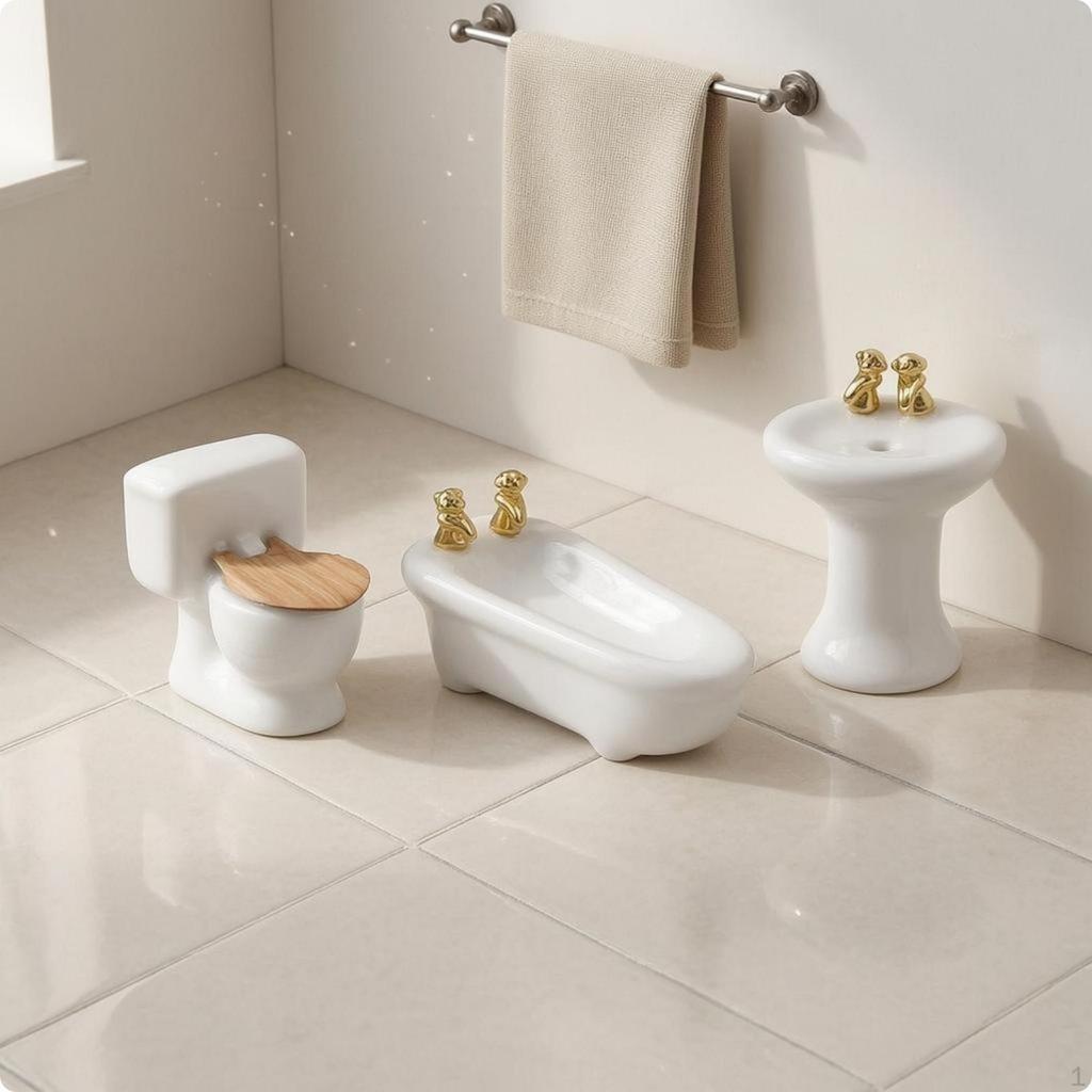 3 Pieces Dollhouse Toilet Sink Tub Set Glossy Finish Mini Washroom Accessories Detail Miniature