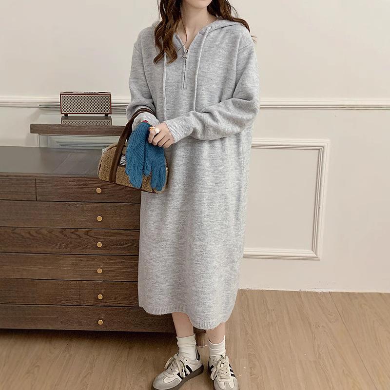 Hooded sweater knitted skirt autumn and winter new simple loose zipper solid color knee dress sweater