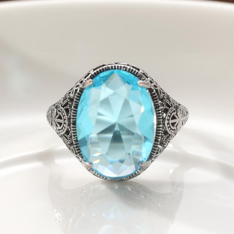Dazzling CopperColor Inlaid Sea Blue CZ Women's Ring Geometry Daily Wear Party Jewelry