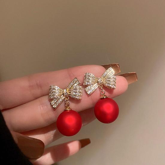 1 Pair Women Earrings Rhinestone Bow Red Faux Pearl Stud Earrings New Year Ear Studs Prom Dating Party Earrings New Year Gift