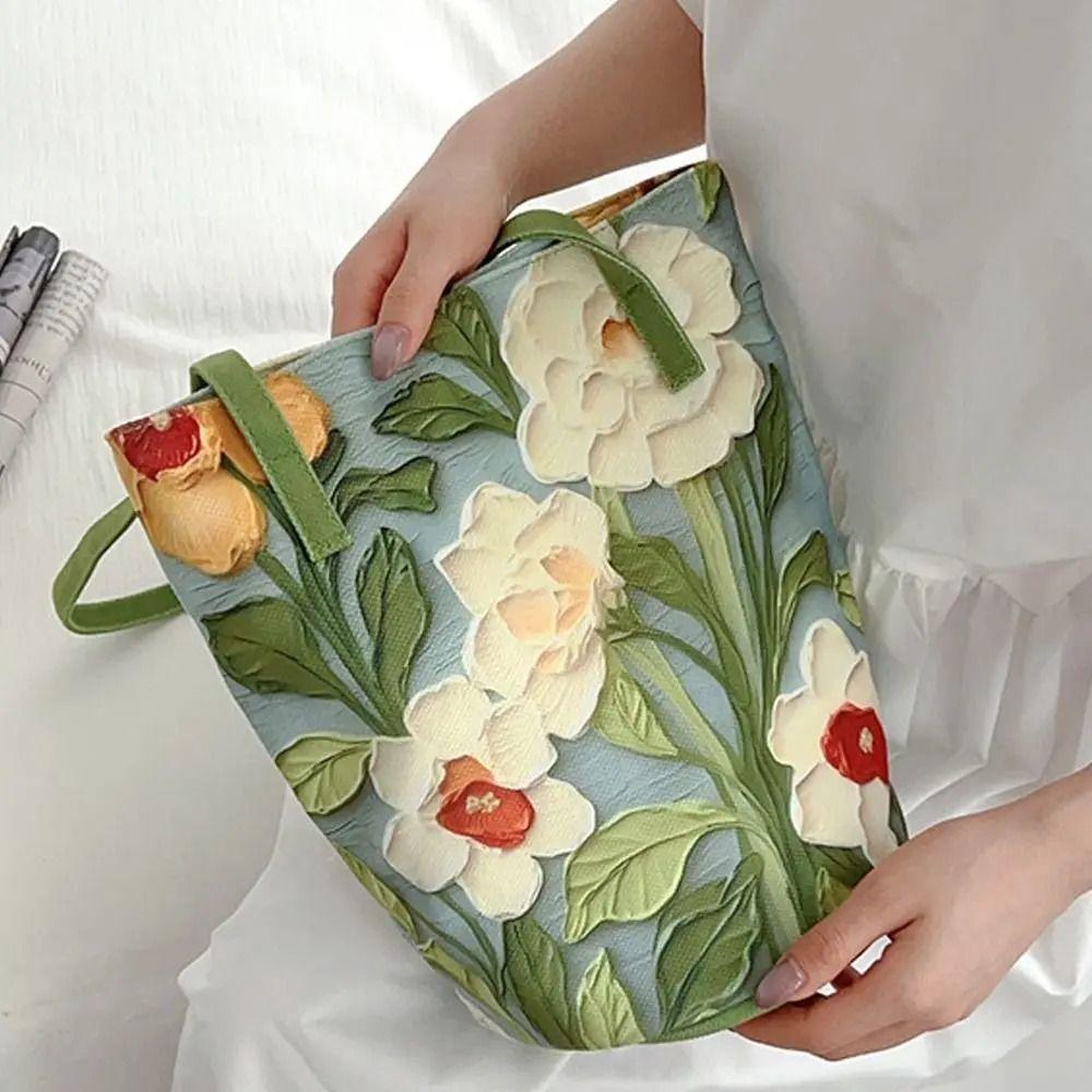 Canvas Material Floral Pattern Bucket Bag Floral Design Creative Canvas Handbag  Outdoor Activities