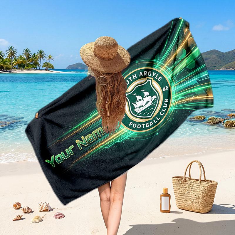 Plymouth Argyle FC Custom Beach Towel, Personalized Name Text Print, Football Logo Soft Quick‑Dry Towel Holiday Gift