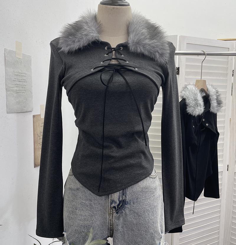 Fuzzy Spliced Lace-Up Long-Sleeve Irregular Slim Fit Two-Piece Top One Size серый