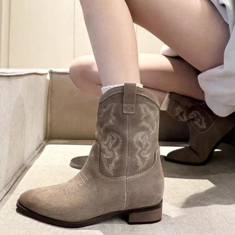 Fashion Women's Fashion Pointed Toe Set Suede Embroidery Non-slip Comfortable Short Boots Fall New Low Heel Boots