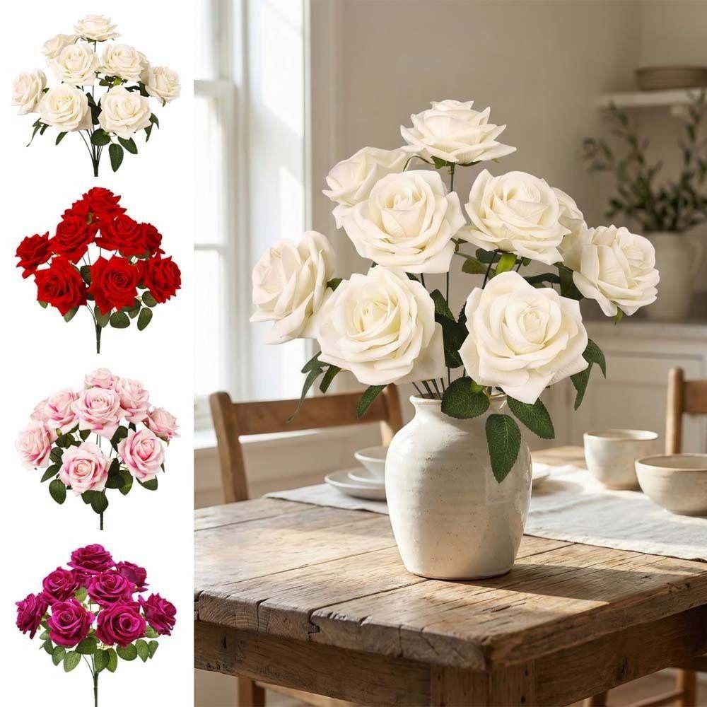 9 Head Artificial Rose Flower Green Leaves Faux Rose Flower Branch  Home Living Room Decor
